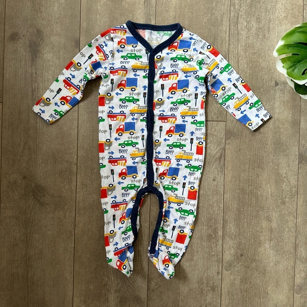 Vintage Baby Boy Outfit Colorful One Piece Car Vehicle Print Button Footies